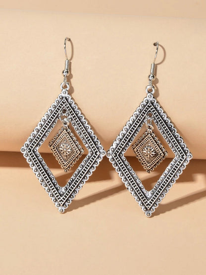 Tribal Ethnic Vintage Women Antique Silver Rhombus Geometric Dangle Earrings-1