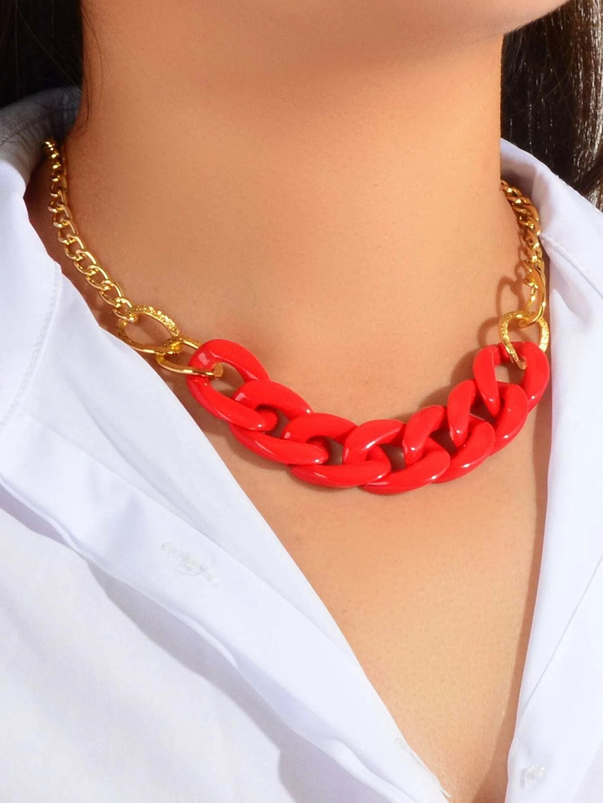 Punk Jewellery Gold Chain Red Acrylic Lock Statement Collar Necklace Accessories-0