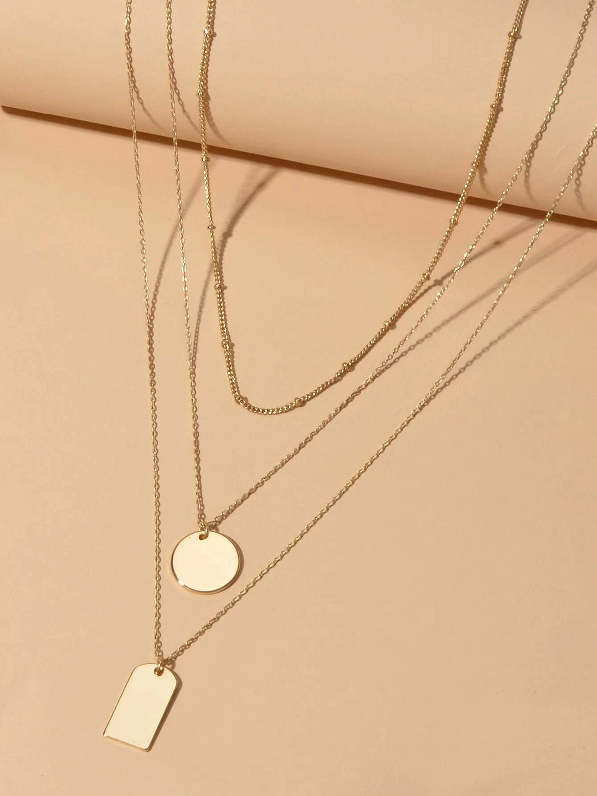 3pcs Multi-layer Gold Tone Chain Round Square Pendant Necklace Girls Teens Gift-1