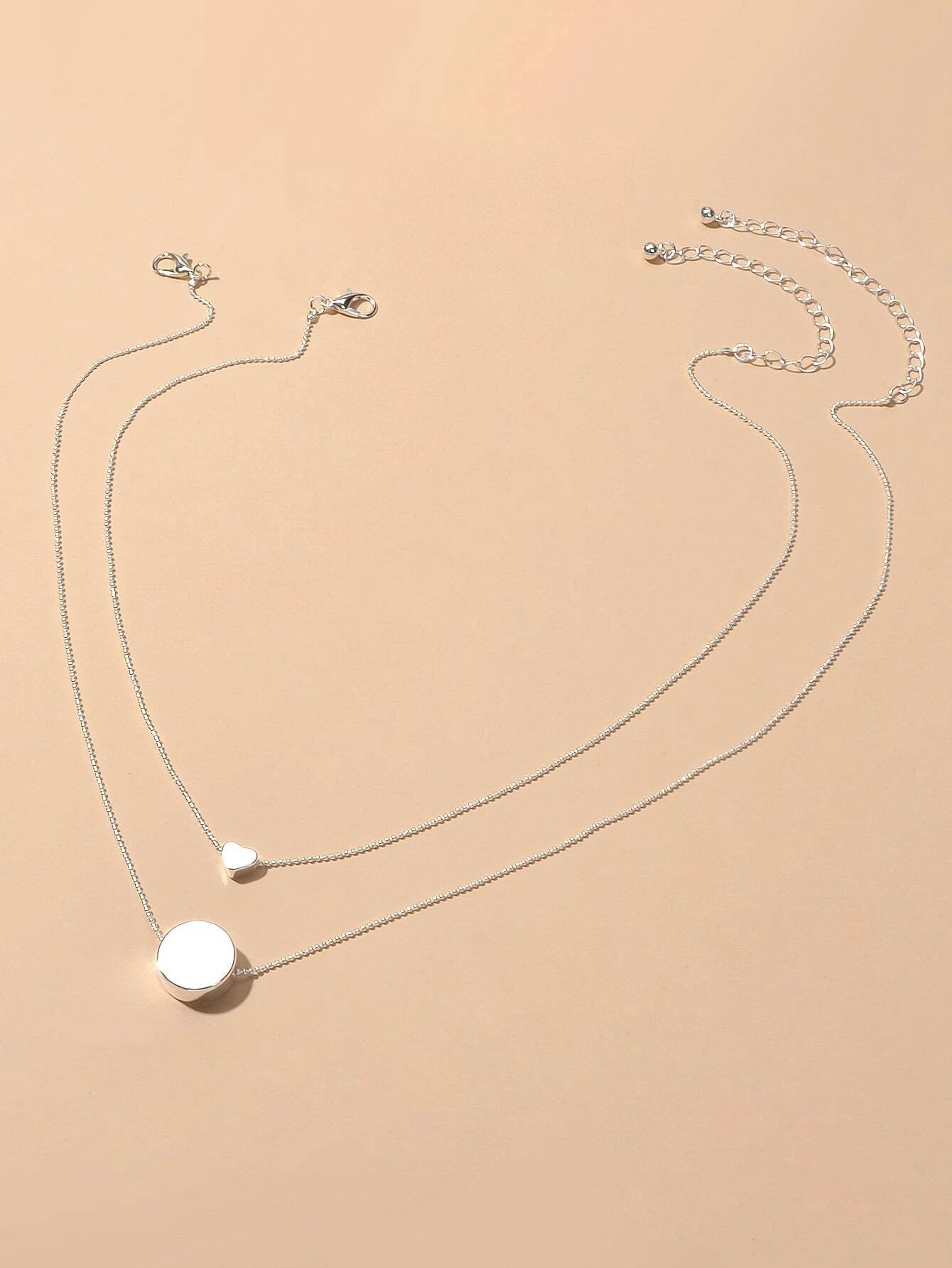 2 pcs Popular Jewellery Silver Chain Love Heart Round Charm Necklace Accessories-0