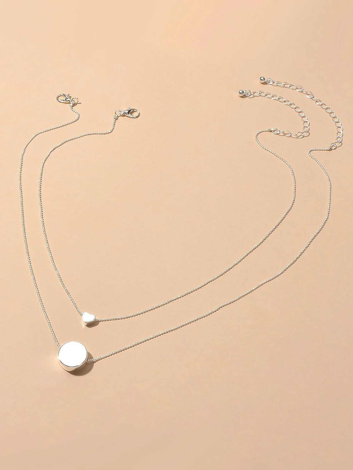 2 pcs Popular Jewellery Silver Chain Love Heart Round Charm Necklace Accessories-0