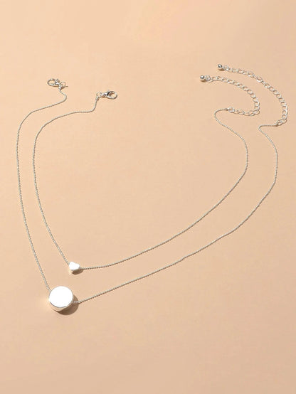 2 pcs Popular Jewellery Silver Chain Love Heart Round Charm Necklace Accessories-0
