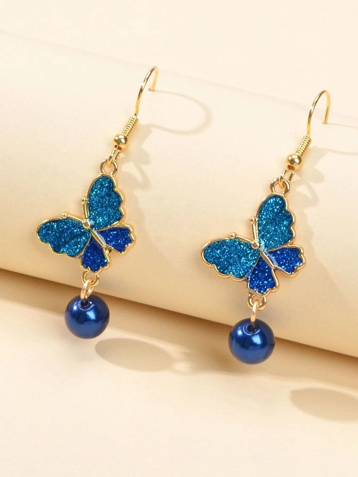 AU Stock Dark Blue Pearl Beads Butterfly Dangle Drop Earrings Bling Jewellery-1