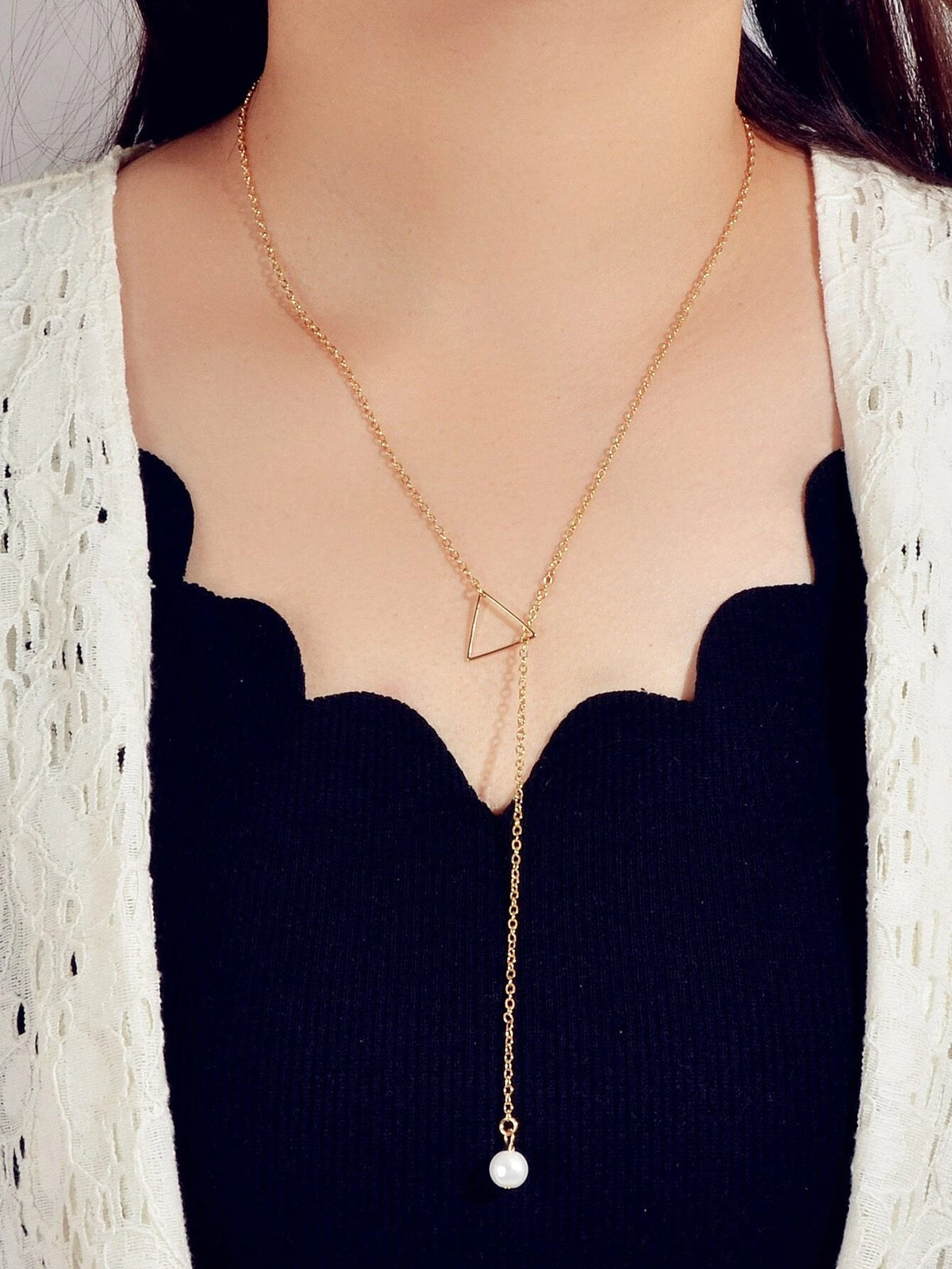 Minimalist Jewellery Pearl Long Gold Chain Triangle Y Lariat Pendant Necklace-0