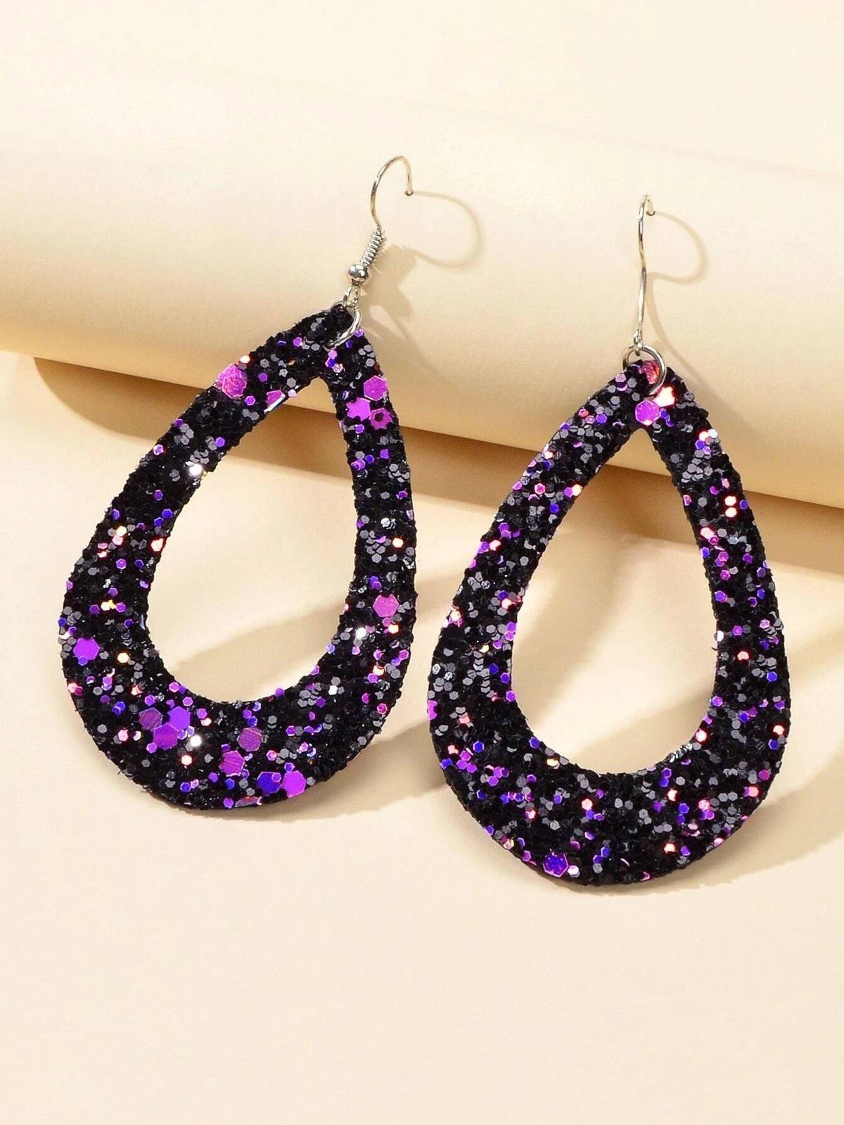 Boho Chic Gold Black Leather Shining Sequins Water Drop Big Dangle Earrings Gift-0