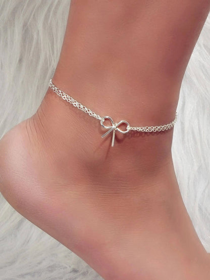 Minimalist Summer Gold Silver Bow Double Layer Chain Anklet Holiday Foot Jewelry-0