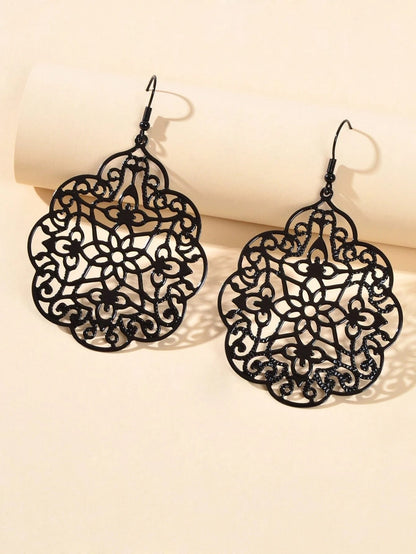 Retro Black Hollow out Geometric Pattern Big Vintage Drop Dangle Party Earrings-1