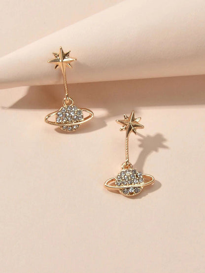 New Designer Rhinestone Gold Silver Planet Star Stud Pierced Earrings Ear Jacket-0