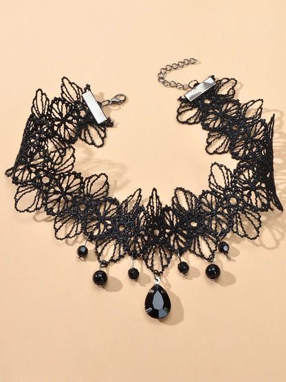 Black Lace Flower Water Drop Gothic 90s Tattoo Choker Necklace Halloween Jewelry-1