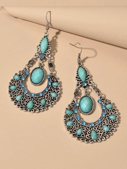 Bohemian Tribal Ethnic Antique Silver Rhinestone Hollow Water Drop Chic Earrings-1