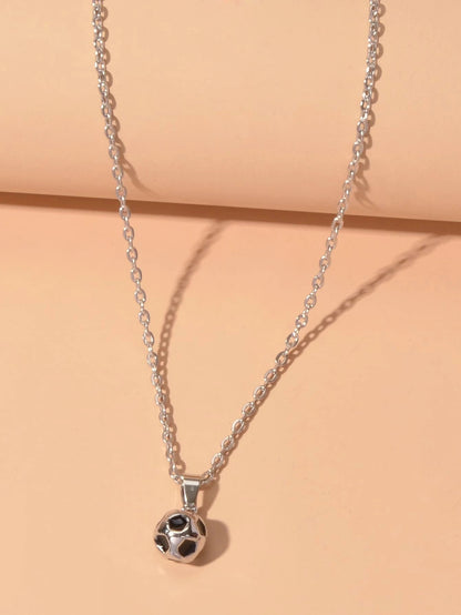 Silver Chain Black Enamel Football Pendant Necklace Soccer Ball Charm Collar-2