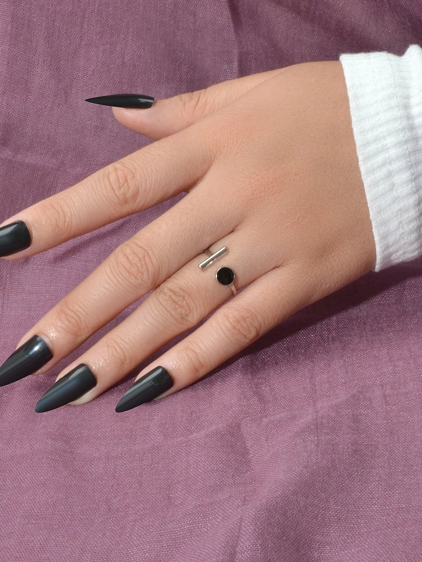 Textured Jewellery Black Enamel Round Bar Silver Open Cuff Finger Women Ring-1