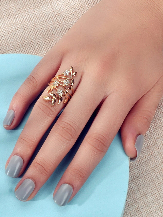 Luxurious Rhinestone Decor Silver Hollow Flower Leaf Finger Engagement Gift Ring-0