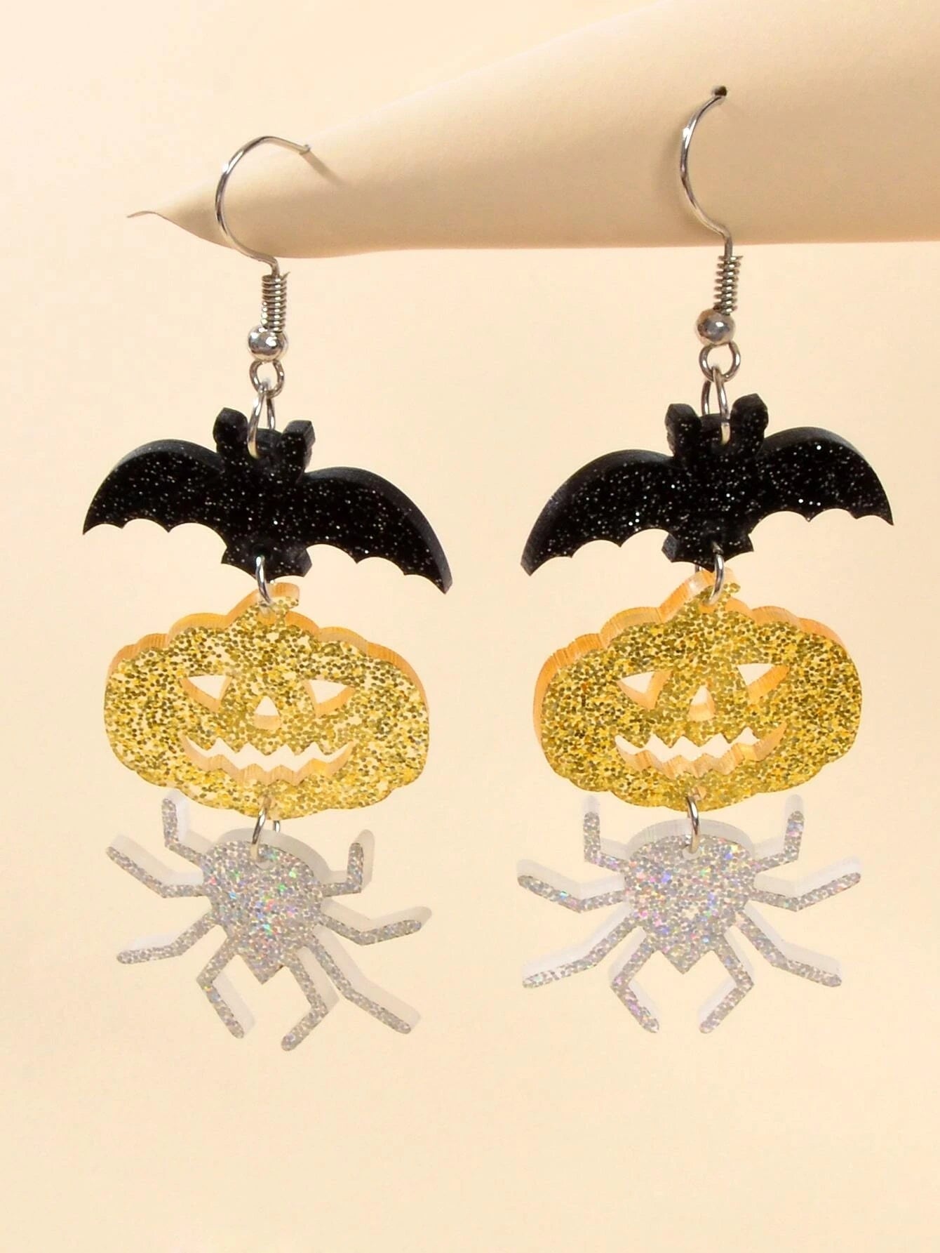 Halloween Gothic Acrylic Black Bat Spider Pumpkin Statement Drop Earrings Party-0
