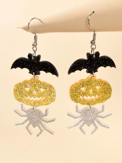 Halloween Gothic Acrylic Black Bat Spider Pumpkin Statement Drop Earrings Party-0