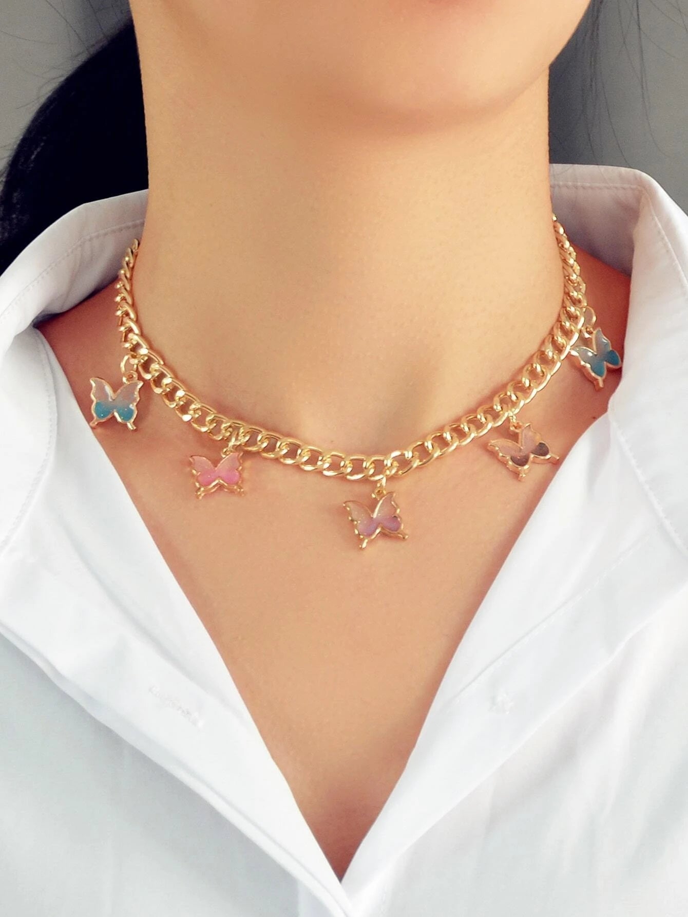 Hip Hop Colorful Enamel Bling Butterfly Charm Necklace Clavicle Chain Choker-0