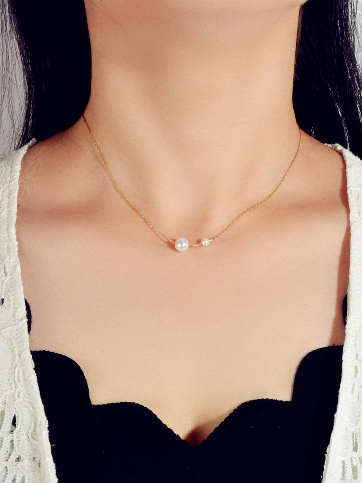 Fashion Pearl Decor Thin Gold Chain Necklace Bead Choker Collar Girl Teens Gift-0