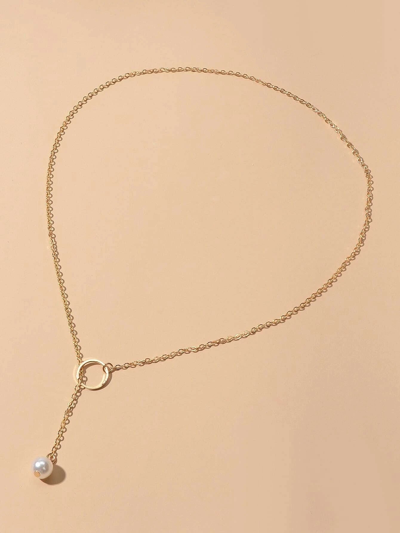 Fashion Gold Silver Chain Faux Pearl Decor Simple Lariat Necklace Women Jewelry-1