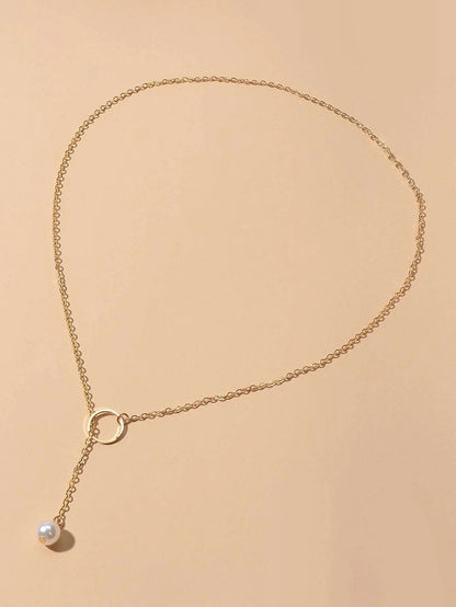 Fashion Gold Silver Chain Faux Pearl Decor Simple Lariat Necklace Women Jewelry-1