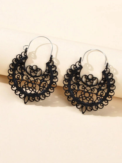 Traditional Black Hollow out Geometric Flower Hoop Earrings Designer Jewellery-0