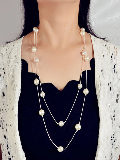 Double Layer Pearl Decor Gold Silver Chain Long Necklace Fashion Accessories-5