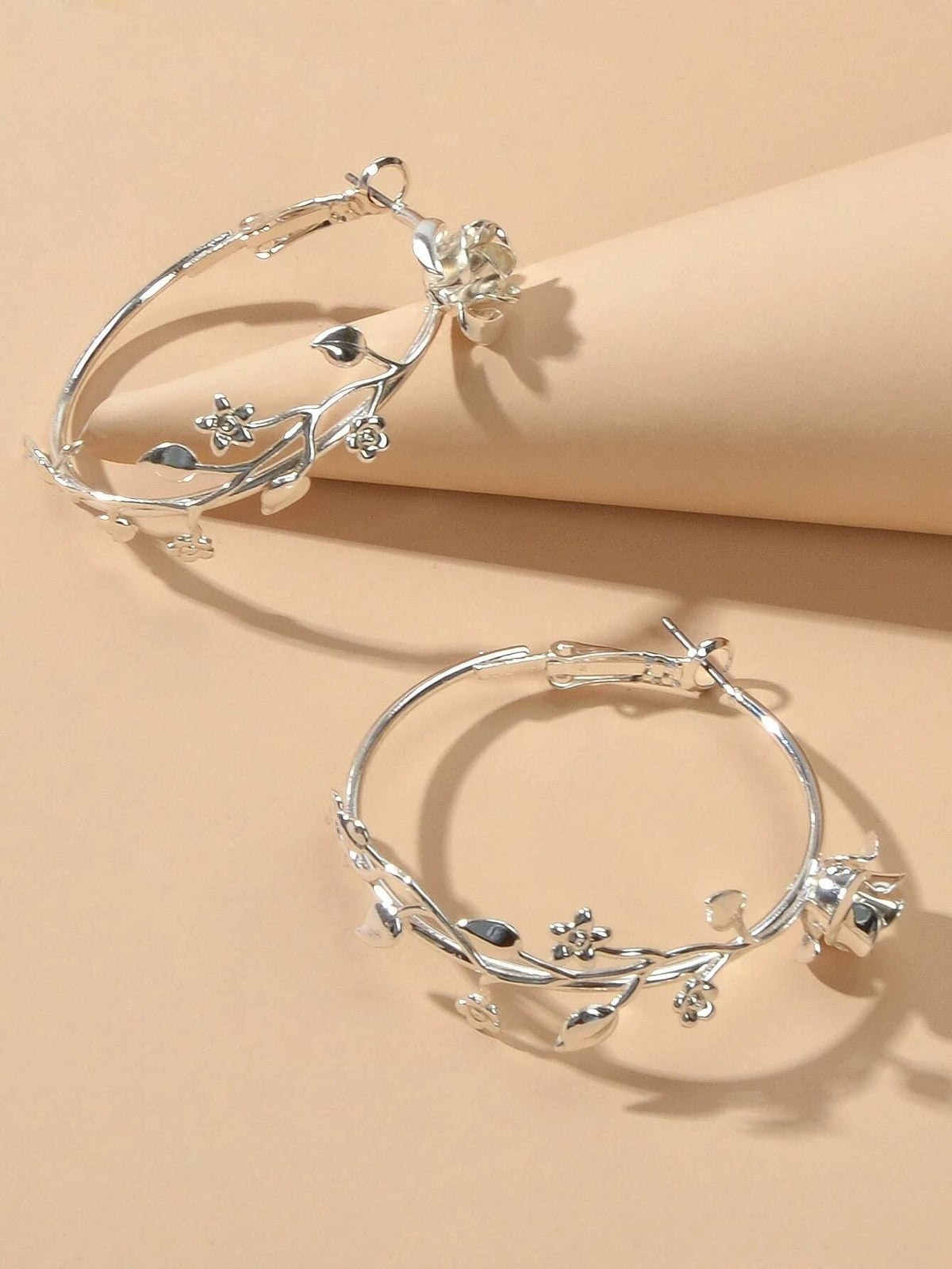 Traditional Silver Leaf Rose Flower Big Dangle Chunky Hoop Statement Earrings-0