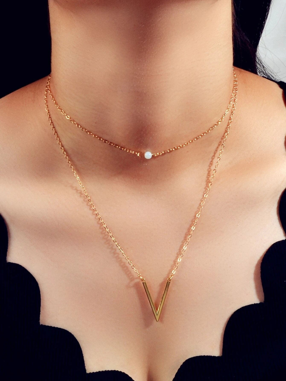 Double layer Gold Chain Letter V Shape Geometric Pendant Necklace Jewellery Gift-0