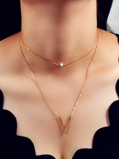 Double layer Gold Chain Letter V Shape Geometric Pendant Necklace Jewellery Gift-0