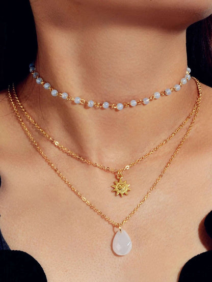 Triple Chain Star Water Drop Beads Necklace Creative Handmade Dainty Jewellery-0