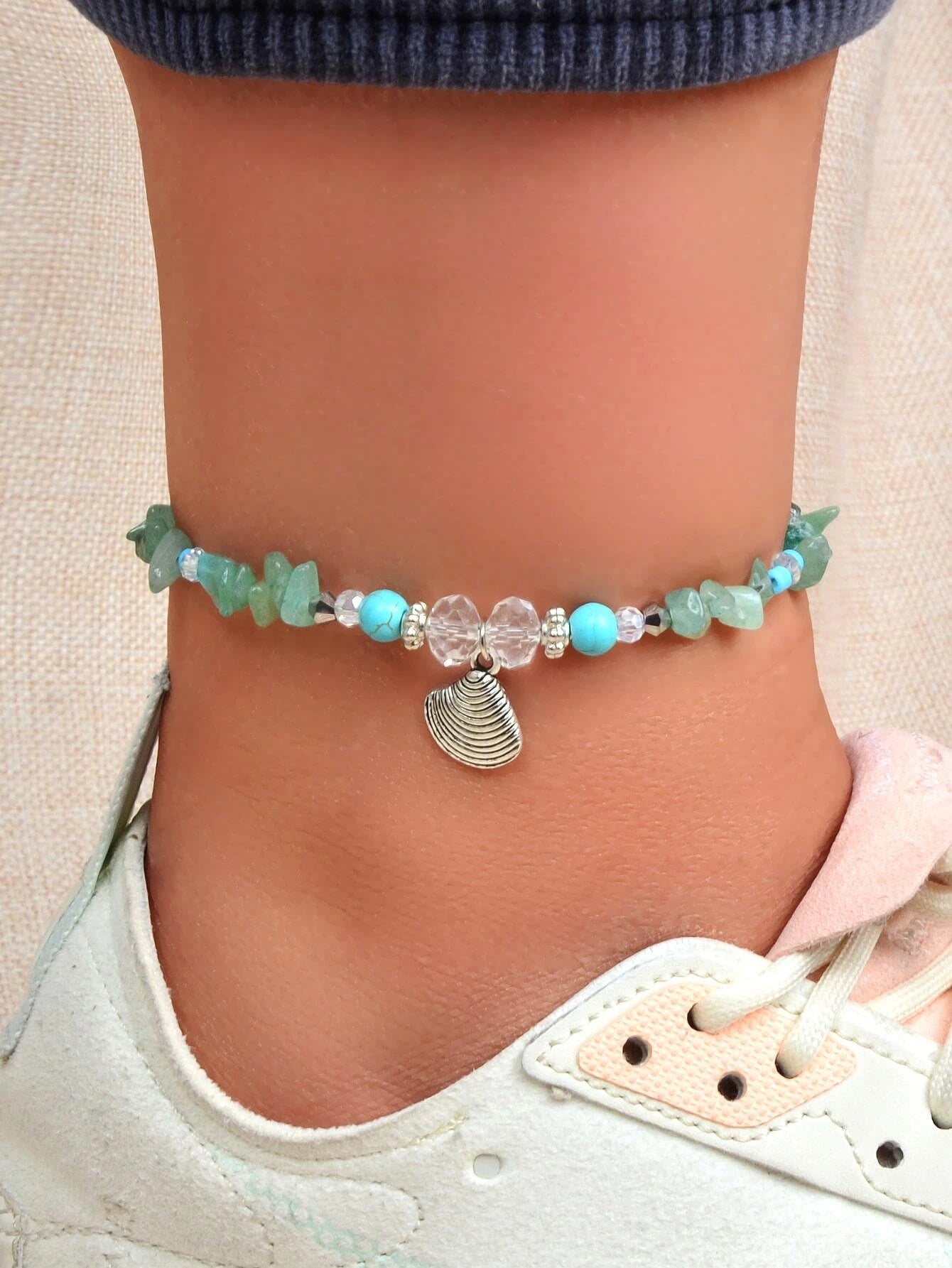 Handmade Green Stone Shell Anklet 1pc Barefoot Sandals Ankle Foot Beach Jewelry-0