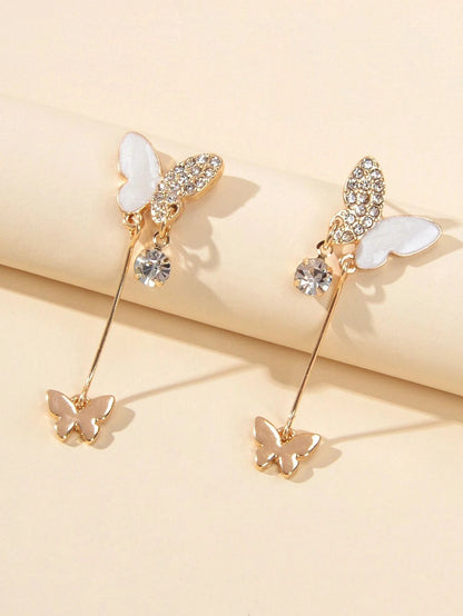 White Enamel Rhinestone Butterfly Pendant Earrings Dainty Gifts for Women Teens-0