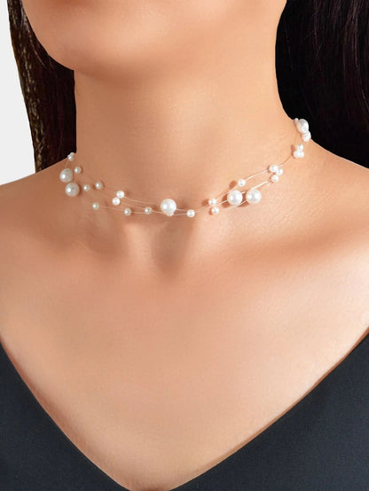 Handmade Multi-layer Chain Pearl String Choker Collar Necklace Women Accessory-0