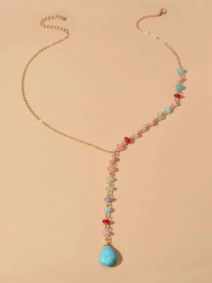 Boho Chic Handmade Colorful Beads Turquoise Water Drop Pendant Necklace Collar-1