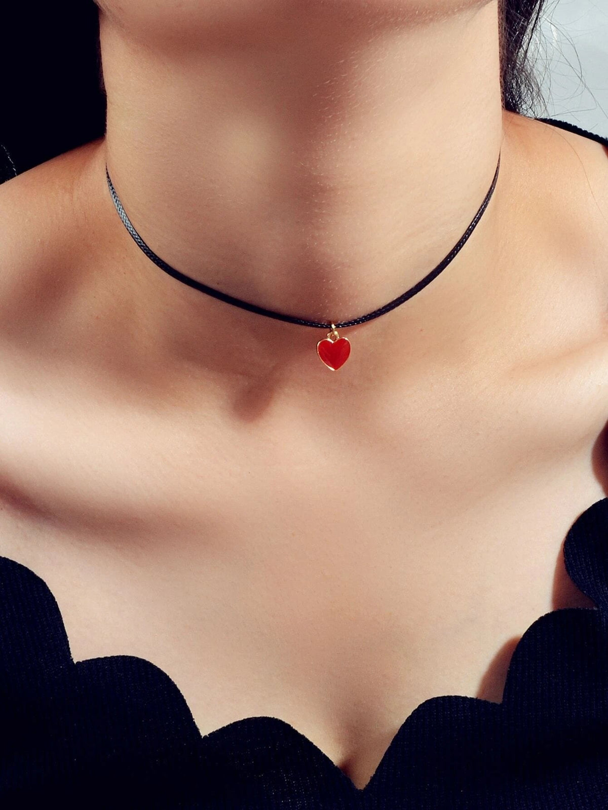 Fashion Jewellery Black Pu Leather Chain Red Heart Charm Women Choker Necklace-0