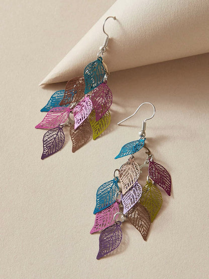 AU Local Bohemian Colorful Hollow Layered Leaf Stacks Hook Drop Dangle Earrings-1
