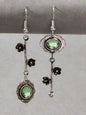 Green Blue Crystal Antique Silver Retro Flower Asymmetric Earrings Vintage Gift-0
