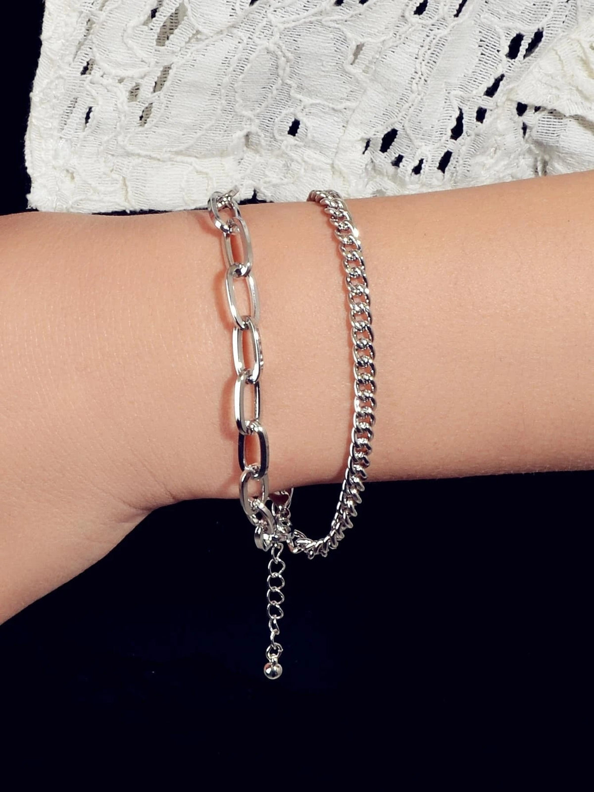 Double layer Silver Chunky Chain Bracelet Women Teens Punk Beach Jewellery Gift-0