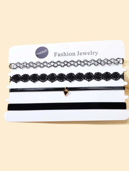 4 pcs Black Lace Pu Leather Geometric Gothic 90s Tattoo Velvet Choker Necklace-1