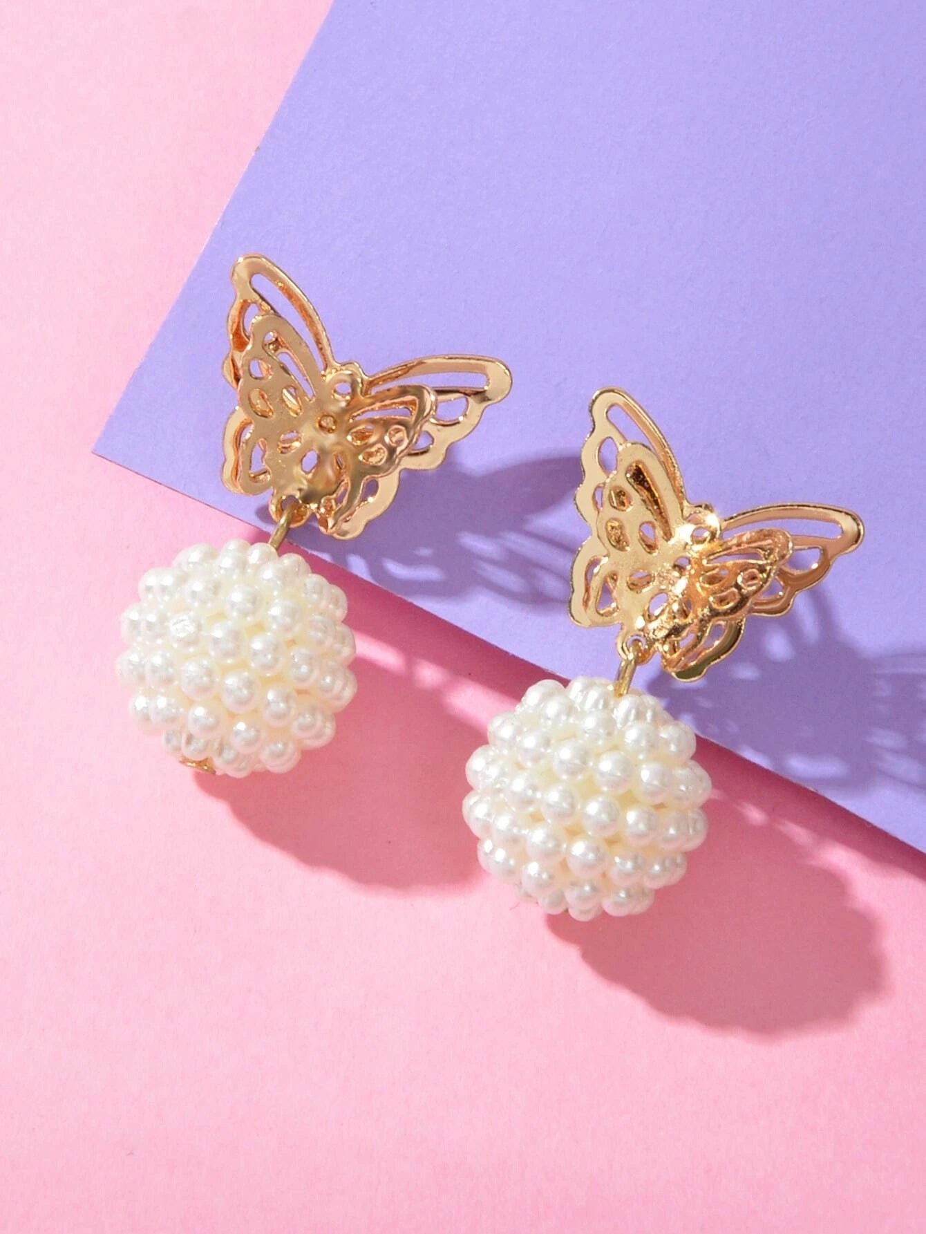 Faux Pearl Ball Gold Tone Butterfly Stud Earrings Women Teens Textured Jewellery-1