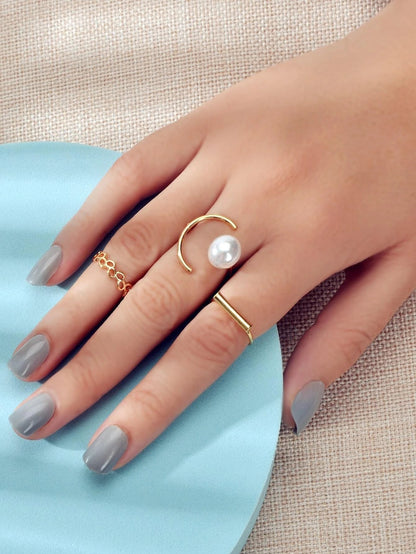 3 pcs Pearl Decor Gold Midi Finger Knuckle Rings set Teens Party Jewellery Gift-0