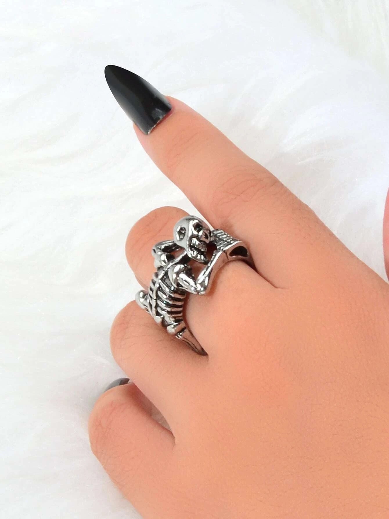 Punk Goth Hip Hop Antique Silver Skull Oxidized Vintage Statement Open Cuff Ring-1