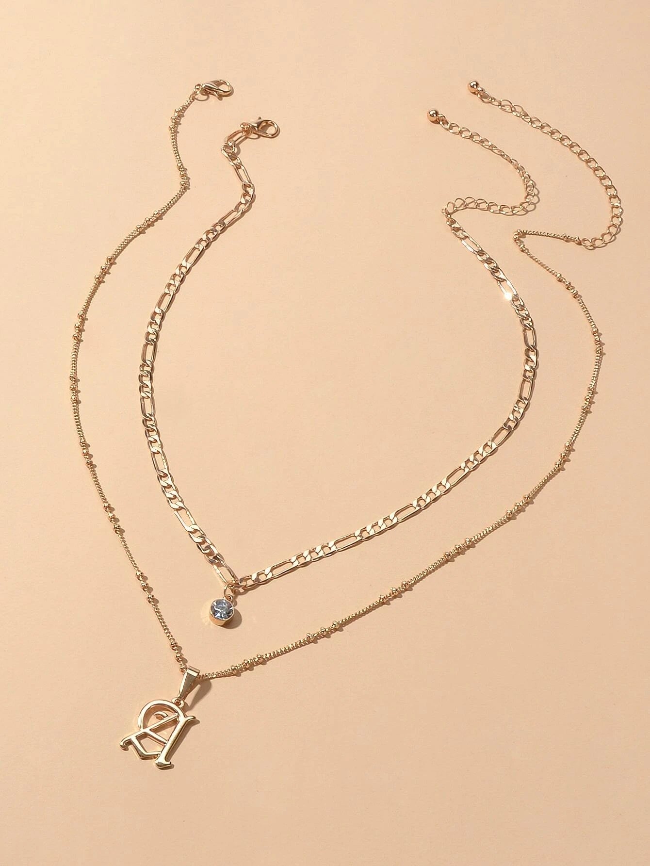 2 pcs Gold Chain Rhinestone Letter A Pendant Double Layer Necklace Women Jewelry-0