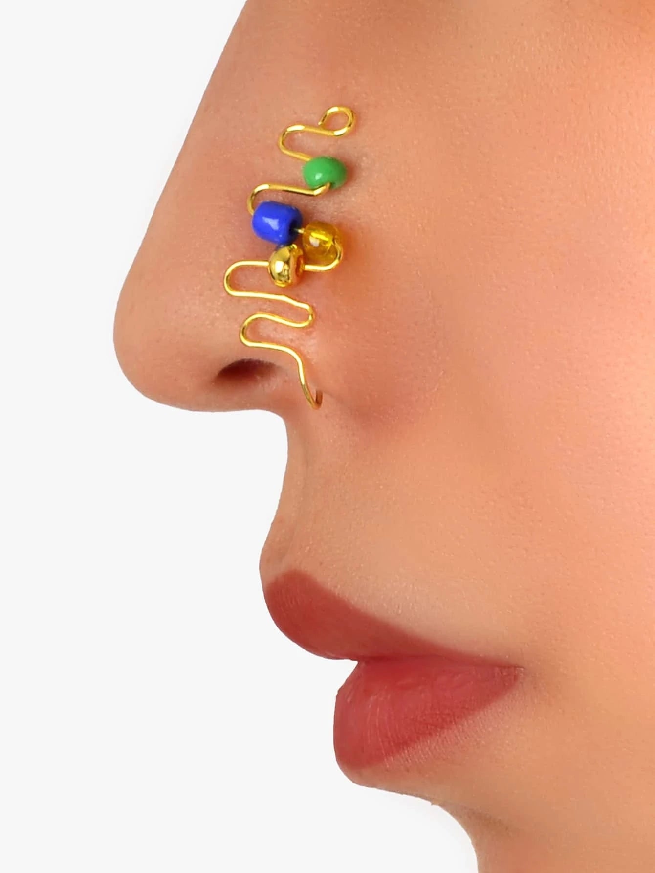 1 pc Fake Nose Ring Blue Green Beads Spiral Nose Stud Piercing Faux Nose Rings-0