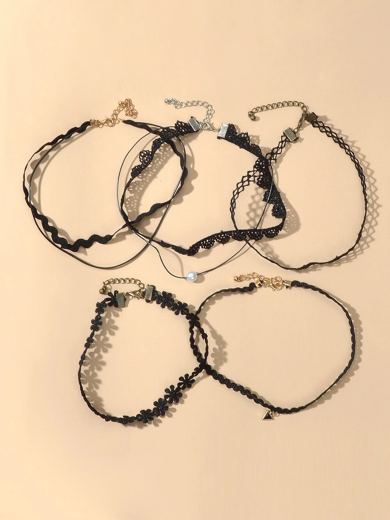 Black Elastic 5pcs Lace Flower Triangle Charm Boho Gothic 90s Tattoo Choker Gift-1