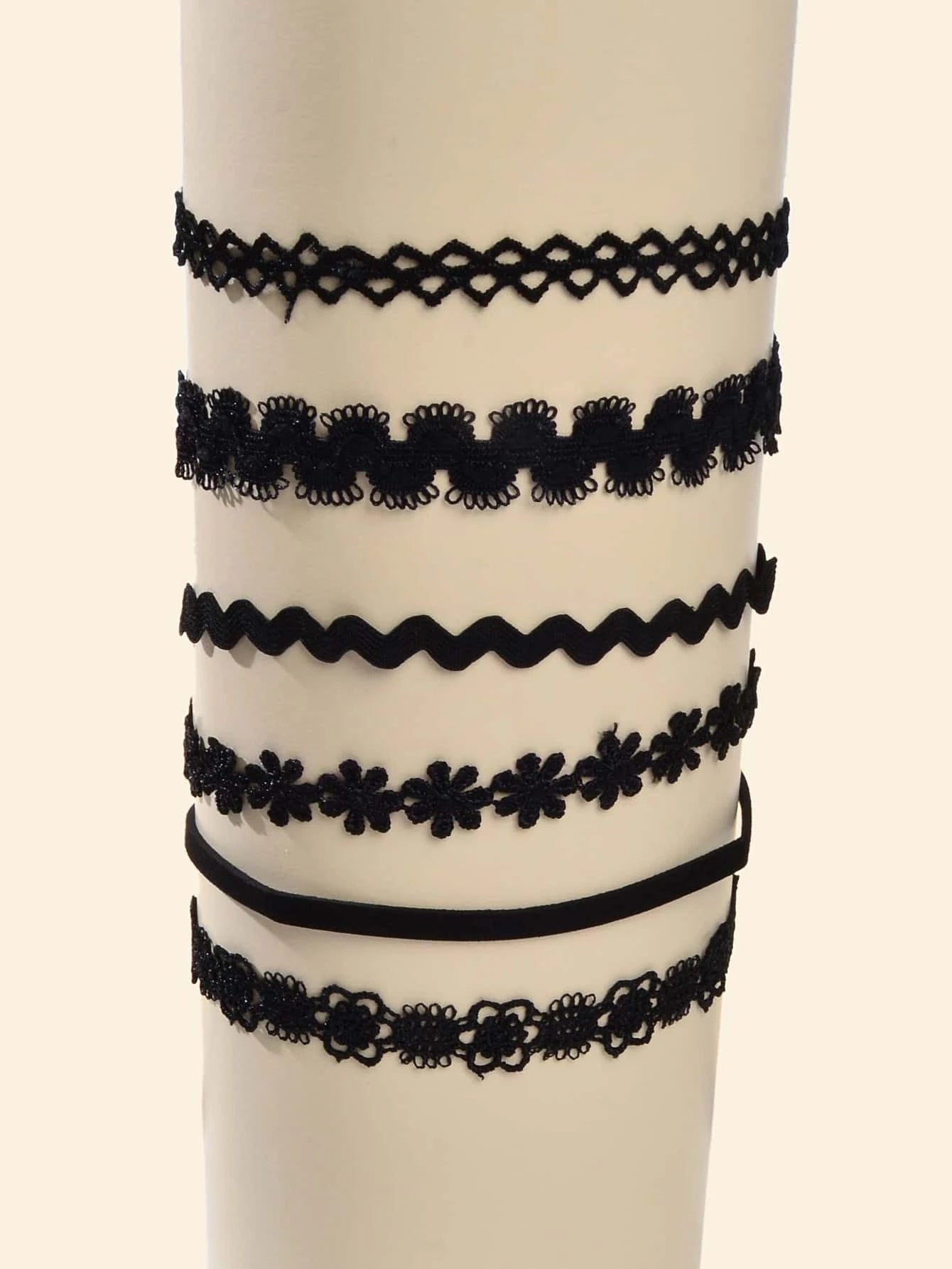 6 pcs Black Lace Hollow out Flower Geometric Gothic 90s Tattoo Choker Necklace-0