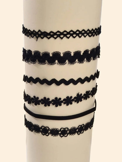 6 pcs Black Lace Hollow out Flower Geometric Gothic 90s Tattoo Choker Necklace-0