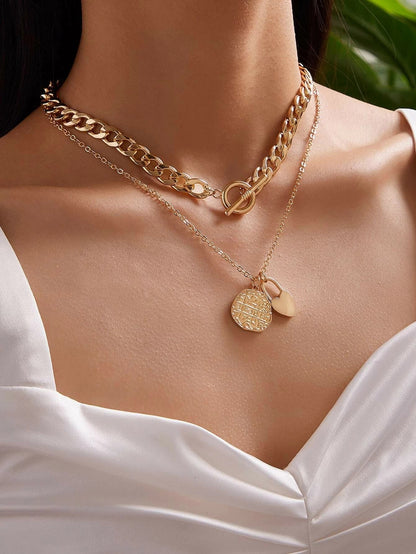 Punk Jewellery Crude Gold Double layer Chain Round Disc Lock Love Heart Necklace-0