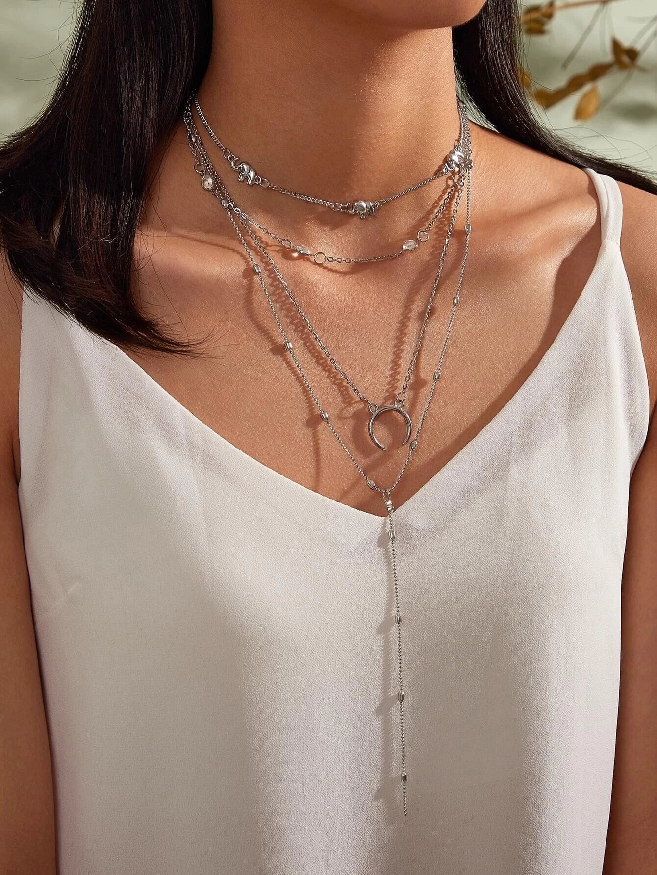 Tribal Ethnic Multi-layer Silver Chain Horns Pendant Necklace Boho Chic Jewelry-0