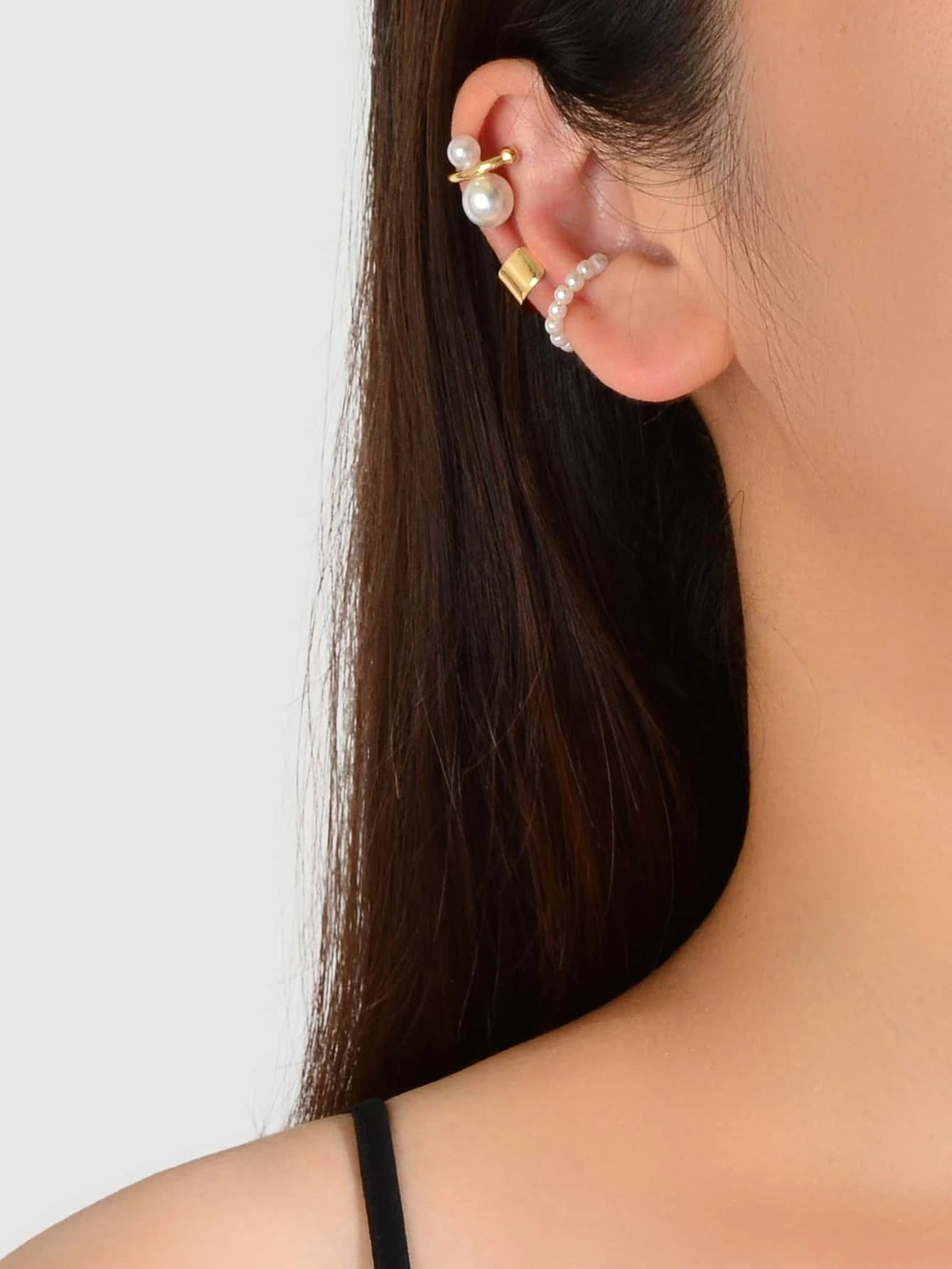Fashion Pearl Gold Metal 3 pcs Ear Cuff Cartilage Earrings set Party Jewellery-0