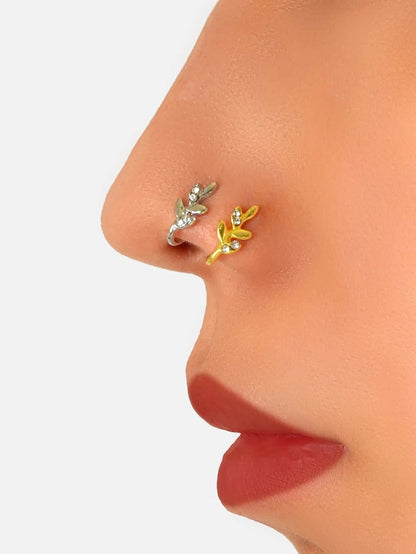 2pcs Gold Silver Rhinestone Leaf Fake Nose Ring Lip Nose Body Piercing Jewellery-0